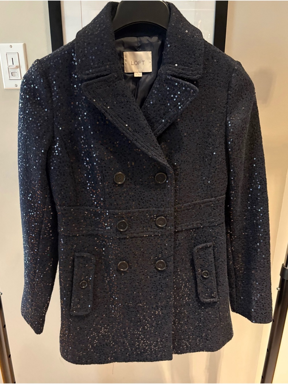 LOFT Black Sequin Double Breasted Pea Coat Jacket Sequin - Size 0